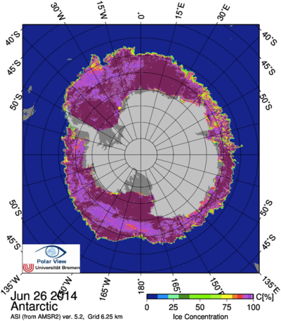 Example of Antarctic daily sea ice concentration map from University of Bremen