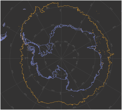 Example of daily Antarctic sea ice edge (orange line) derived from sea ice concentration data